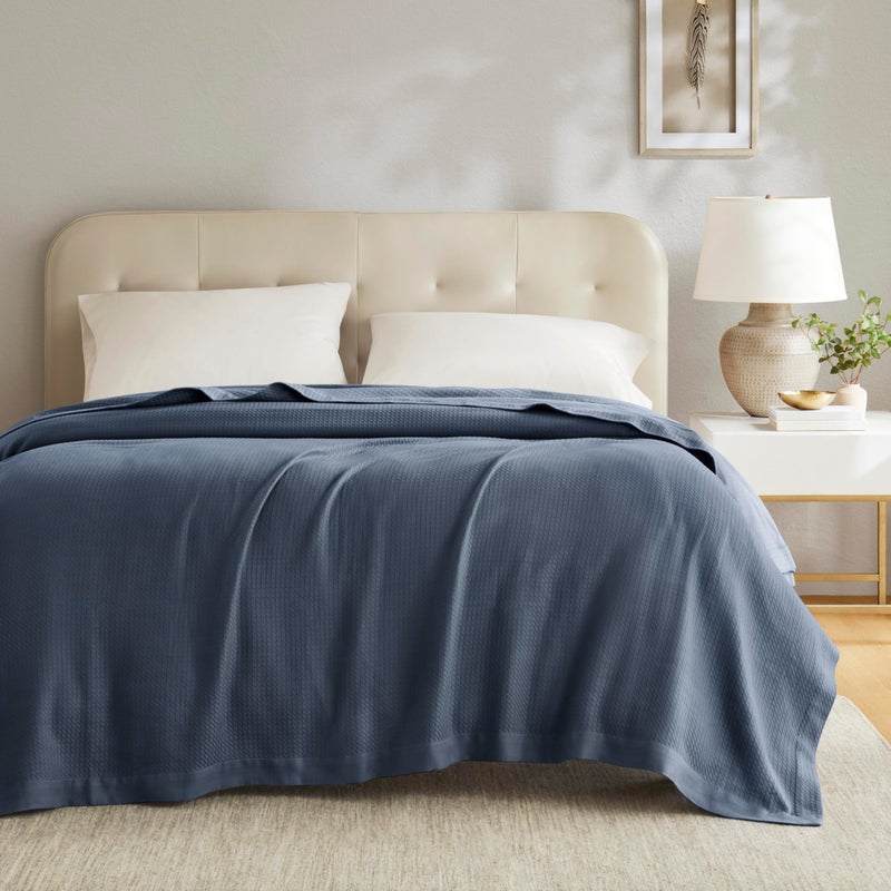 Madison Park 100% Egyptian Cotton Lightweight Summer Blanket, Breathable Waffle Knit Design, Soft Cozy All-Season Throw for Bed, Couch or Sofa, Blue Full/Queen Size (90"x90") - Image 2